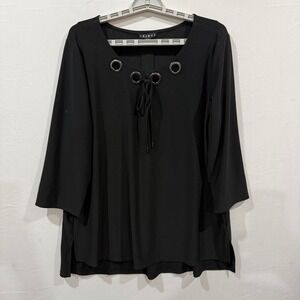 Tribal Womens XL Black Grommet Tie Neck 3/4 Sleeve Blouse Top 2704O-925‎